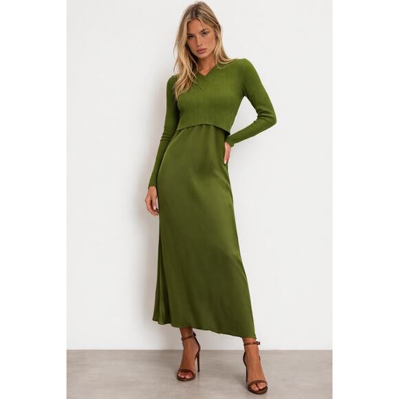 All Saints Dresses & Skirts - All Saints Green Hana Sweater Dress Set Women Ribbed Knit Layered L - G002